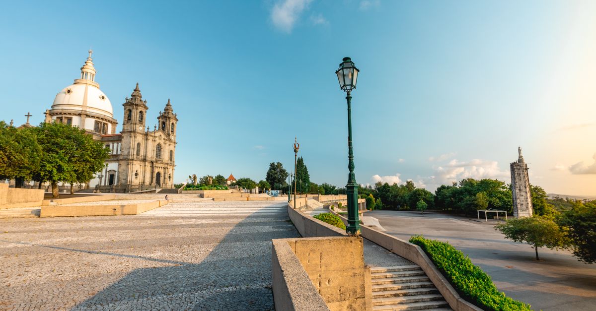 A scenic view of the Sanctuary of Our Lady of Sameiro, a sacred site in Braga, Portugal.
